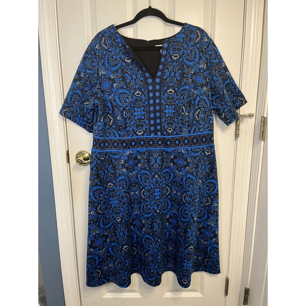 London Style Collection Woman Blue Floral V Neck Dress Size 18W